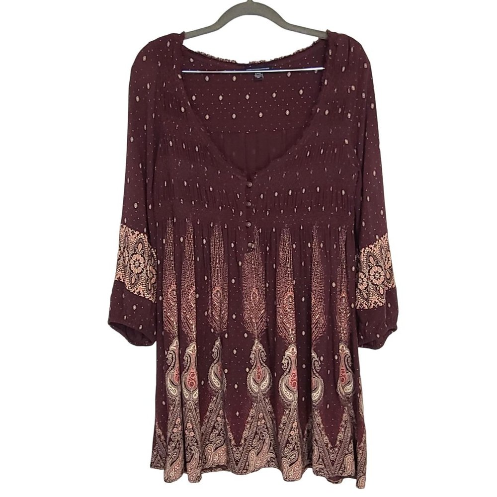 American Eagle Outfitters Womens Maroon Boho Peasant Paisley V Neck Tunic Size S